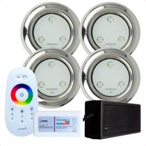 Kit 4 Refletores Led 6w RGB Inox S e Comando para Iluminação Piscina