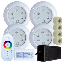 Kit 4 Refletores Led 9w RGB ABS e Adaptadores Cano 50mm e Comando para Iluminação Piscina