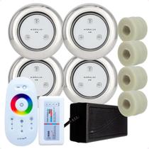 Kit 4 Refletores Led 9w RGB Inox S e Adaptadores Cano 50mm e Comando para Iluminação Piscina Kit 4 Refletores Led 9w RGB Inox S e Adaptadores Cano 50mm e Comando para Iluminação Piscina