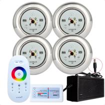 Kit 4 Refletores Led 9w RGB Inox S e Comando para Iluminação Piscina