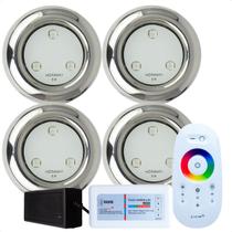 Kit 4 refletores led piscina 6w hidramax rgb inox com comando e fonte