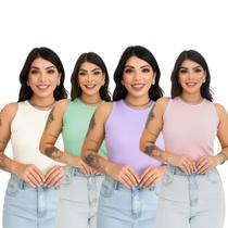 Kit 4 Regata Canelada Ribana Básica Blusinha Moda Gringa Feminina Tendência Verão Sem Manga Camiseta
