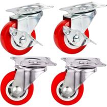 Kit 4 Rodas Rodinha Giratória Rodízio Giratório Vermelho 2" Com Freio Kit 4 Rodas Rodinha Giratória Rodízio Giratório Vermelho 2" Com Freio