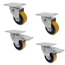 Kit 4 rodízios 3" girat c/freio e sem freio, ferro fundido com poliuretano e rolamentos de esferas