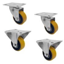 Kit 4 rodízios 3" giratórios sem freio e fixos ferro com poliuretano e rolamentos de esferas