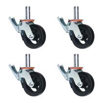Kit 4 Rodízios Giratórios Roda Metálica Borracha Andaime 6" Trava Freio 1600 kg Reforçado Preto