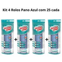 Kit 4 Rolos Pano Multiuso Azul Limpeza Flashlimp 25 Unidades