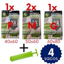 Kit 4 Sacos a Vácuo Reutilizável Bomba Manual Organize Roupas Edredon Cobertor Mala de Viagem