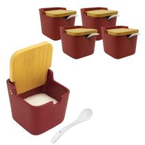 Kit 4 Saleiro Cerâmica Com Colher Porta Condimento Tampa De Bambu Kit 4 Saleiro Cerâmica Com Colher Porta Condimento Tampa De Bambu