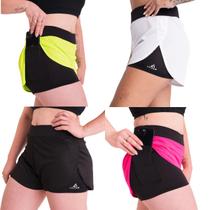 Kit 4 short feminino 2 em 1 para academia treino com bolso para celular anti assadura proteção UV
