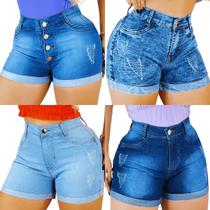 Kit 4 Short Feminino Jeans Lycra Barra Dobrada Cintura Alta Moda Blogueira Empina Bumbum