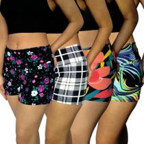 Kit 4 Shorts Femininos Curtos Justos Cós Estampas Sortidas Suplex Pp ao Plus Size