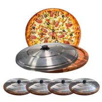 Kit 4 Suportes Bandeja Para Cortar E Servir Pizza 30Cm Com Tampas