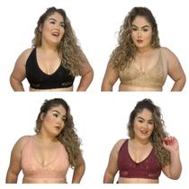 Kit 4 Sutiãs de Algodão PLUS SIZE com Renda Sem Bojo Feminino Soutien Rendado Alta Sustentação Reforçado Seios Grandes