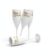 Kit 4 Taças Champanhe Branca Boas Festas Escrita Dourada Réveillon Celebração de Luxo Premium