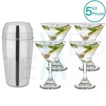 Kit 4 Taças de Martini De Vidro 274ml e 1 Coqueteleira Inox 700ml: Taça Para Festa, Drinks, Ocasiões Especiais, Resistente