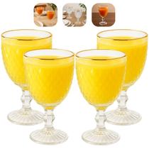 Kit 4 Taças De Vidro 325ml Para Água Suco Vinho com Bico De Abacaxi e Borda Dourada Elegante Lyor
