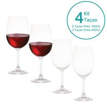 Kit 4 Taças de Vinho 580ml e Taças de Água 450ml Cristal