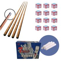 Kit 4 Taco 1,30m 1 Dz Giz Azul E 1 Cx Branco Sinuca Bilhar