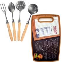 Kit 4 Talheres Cabo de Madeira + Tábua Marrom Hamburguer 37cm