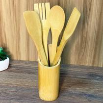 Kit 4 talheres de bambu com suporte para cozinha