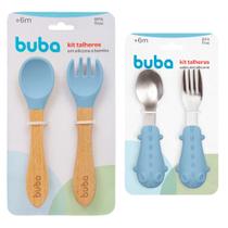 Kit 4 Talheres De Bambu Silicone E Aço Inox Azul Introdução Alimentar Buba