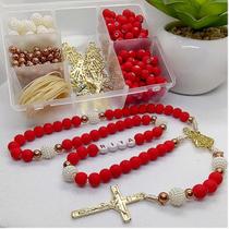 Kit 4 Terço Conjunto Adulto Vermelho Cruz Nossa Senhora Dourado Resistente