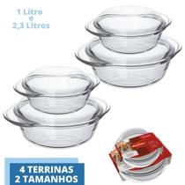 Kit 4 Terrinas de Vidro 2 de Cada 1L 2,3L Base+Tampa Marinex