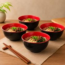 Kit 4 Tigelas Orientais 850ml Preta Vermelha Bowl Ramen Sopa Açaí Salada 15cm