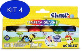 Kit 4 Tinta Guache Acrilex Show Color 18Ml 6 Cores Com Pincel