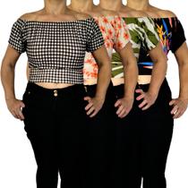 Kit 4 Tops Ciganinha Ombro a Ombro Elástico Barra Estampas Sortidas Viscolycra Pp ao Plus Size