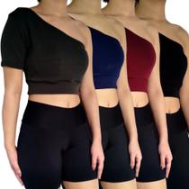 Kit 4 Tops Croppeds Femininos Manga Curta Um Ombro Só Cores Sortidas Malha Crepe PP ao Plus Size Kit 4 Tops Croppeds Femininos Manga Curta Um Ombro Só Cores Sortidas Malha Crepe PP ao Plus Size