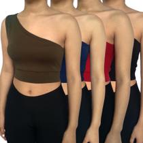 Kit 4 Tops Croppeds Femininos Regata Um Ombro Só Cores Sortidas Malha Crepe PP ao Plus Size