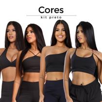 Kit 4 tops- decotado, alça única, multiformas e alça em V. Kit rosa, preto e azul