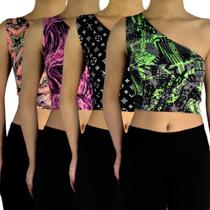 Kit 4 Tops Femininos Cropped Regata Um Ombro Mula Manca Estampas Sortidas Suplex PP ao Plus Size Kit 4 Tops Femininos Cropped Regata Um Ombro Mula Manca Estampas Sortidas Suplex PP ao Plus Size