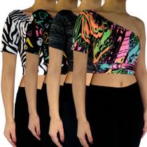 Kit 4 Tops Femininos Manga Curta Um Ombro Só Mula Manca Estampas Sortidas Suplex PP ao Plus Size Kit 4 Tops Femininos Manga Curta Um Ombro Só Mula Manca Estampas Sortidas Suplex PP ao Plus Size