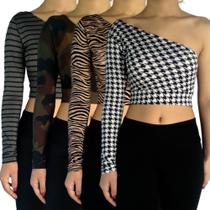 Kit 4 Tops Femininos Manga Longa Um Ombro Só Mula Manca Estampas Sortidas Suplex PP ao Plus Size Kit 4 Tops Femininos Manga Longa Um Ombro Só Mula Manca Estampas Sortidas Suplex PP ao Plus Size