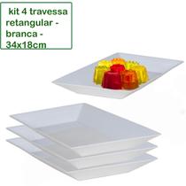 Kit 4 Travessa Saladeira Petisqueira Retangular Le Chef Branca Plástico 34x18x4 cm