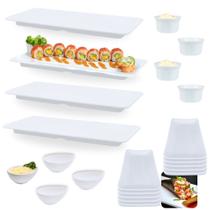 Kit 4 Travessas Retas 27cm + 10 Pratos 17,8cm + 4 Molheiras Gota + 4 Ramequins 150ml para Comida Japonesa Bestfer