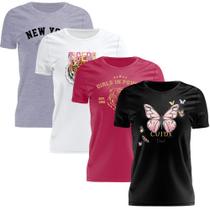 Kit 4 Tshirt Blusa Estampada Feminina Manga Curta Camiseta Camisa
