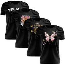 Kit 4 Tshirt Blusa Estampada Feminina Manga Curta Camiseta Camisa