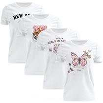Kit 4 Tshirt Blusa Estampada Feminina Manga Curta Camiseta Camisa