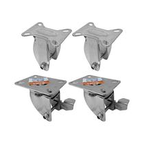 Kit 4 un suporte garfo fixo e giratório freio 3pol p/rodízio