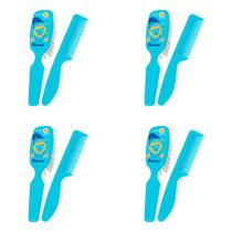 Kit 4 Und Escova Fiona + Pente Higiene Infantil Azul Ref 802520