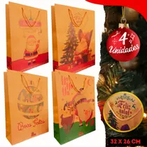 Kit 4 Unidades Sacola de Presente Embrulho Natalina Natal Papai Noel 32x26x10 Decorada