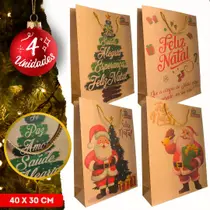 Kit 4 Unidades Sacola de Presente Embrulho Natalina Natal Papai Noel 40x30x12