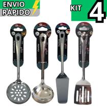 Kit 4 Utensílio Cozinha Inox Escumadeira Espátula Vazada Espátula Bolo e Concha Linha Recife Premium