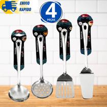 Kit 4 Utensílio Cozinha Inox Escumadeira Espátula Vazada Espátula Bolo e Concha Linha Recife Premium