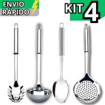 Kit 4 Utensílio de Cozinha Inox Premium Escumadeira Concha Colher de Arroz e Pegador de Massas Kit 4 Utensílio de Cozinha Inox Premium Escumadeira Concha Colher de Arroz e Pegador de Massas