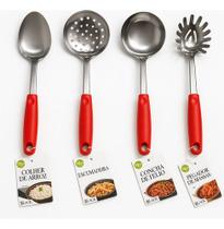 Kit 4 Utensílios Aço Inox Colher Concha Escumadeira Pegador de Massas, Sopa Feijão Frituras Macarrão